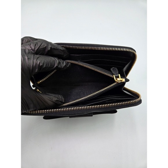 Prada Black Saffiano Leather Zip Around Continental Bow Wallet